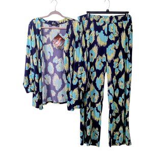 Iman 2-Piece Open Cardigan and Pants, Size 2X, Blue/Turquoise/Yellow